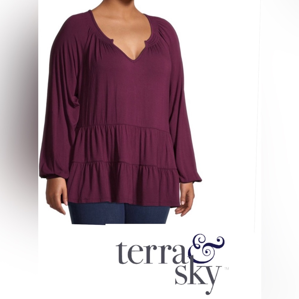 Terra & Sky Womens Plus Size Tiered Peasant Top Long Sleeve 4x 26/28 NWT